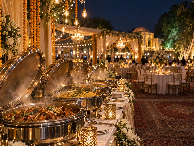 A wedding dinner buffet at night under marigold garlands and fairy lights
