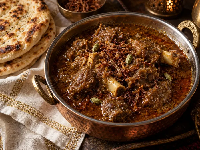 Mutton qorma in a copper dish with fresh naan